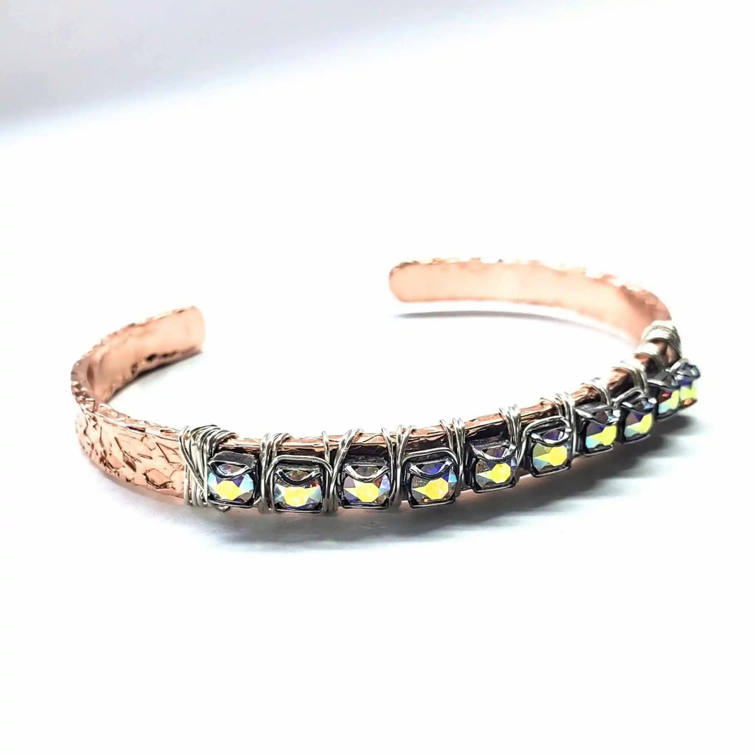 Silver Wire Wrapped Crystal Textured Copper Cuff Set featuring rhinestone detail and artisan craftsmanship.