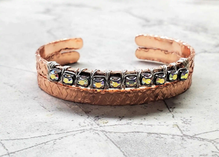 Silver Wire Wrapped Crystal Textured Copper Cuff Set featuring rhinestones and artisan craftsmanship.