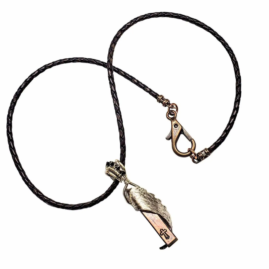Sculpted Memorial Angelwing Necklace - Limited Edition featuring a silver angel wing pendant on a braided leather cord.