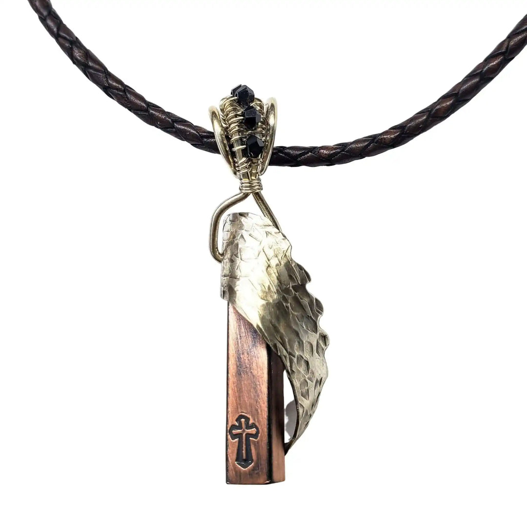 Sculpted Memorial Angelwing Necklace - Limited Edition featuring a unique angel wing and wood cross pendant.