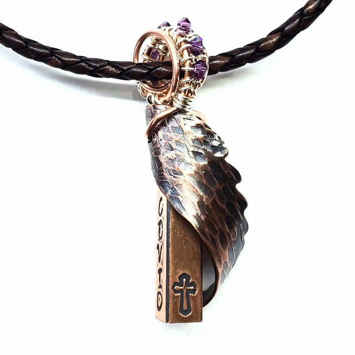 Sculpted Copper Angelwing Crystal Birthstone Necklace with hammered copper wing and genuine Swarovski crystal.