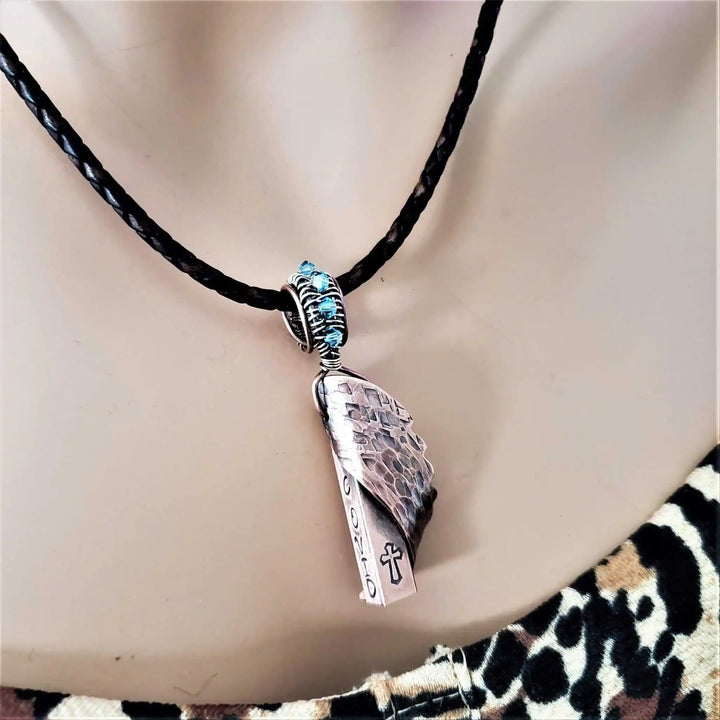 Sculpted Copper Angelwing Crystal Birthstone Necklace with braided cord and turquoise accents.