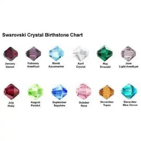 Swarovski Crystal Birthstone Chart displaying crystals for each month including Garnet, Amethyst, and Emerald.