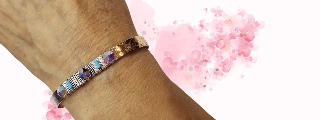 Handmade Copper Turquoise Crystal Spike Cuff worn on a wrist, featuring vibrant turquoise and crystal accents.