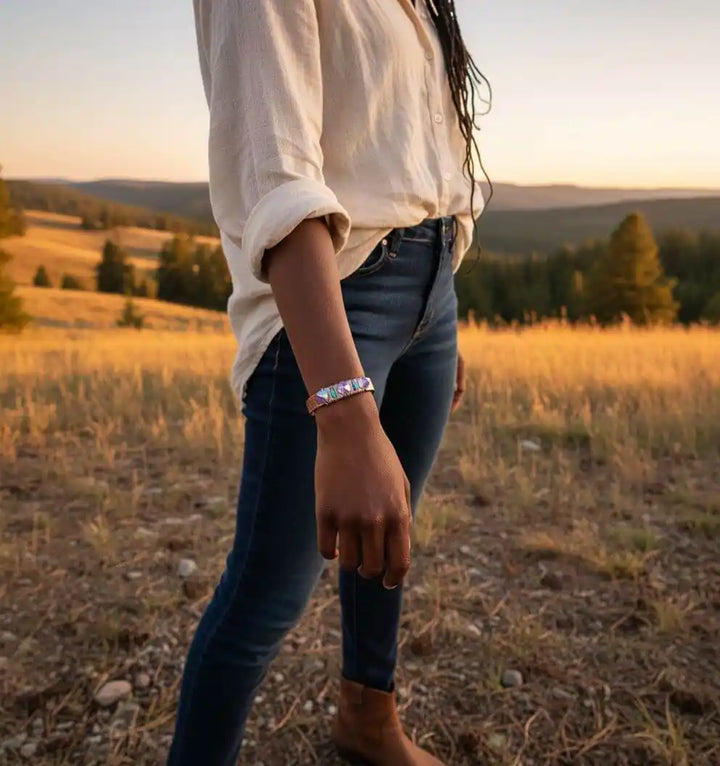 Handmade Copper Turquoise Crystal Spike Cuff worn on wrist, showcasing its edgy boho design in a natural outdoor setting.