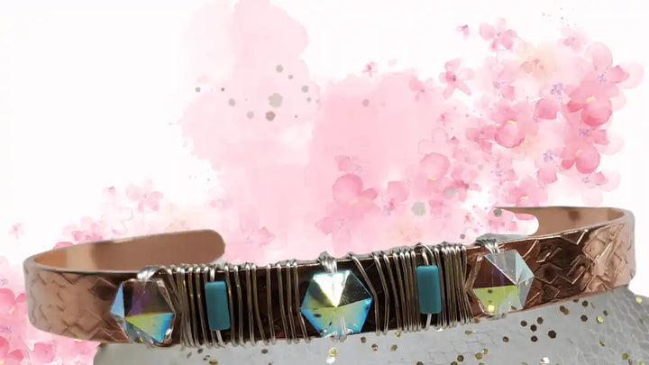 Handmade Copper Turquoise Crystal Spike Cuff featuring turquoise tube and crystal spikes on a textured copper band.