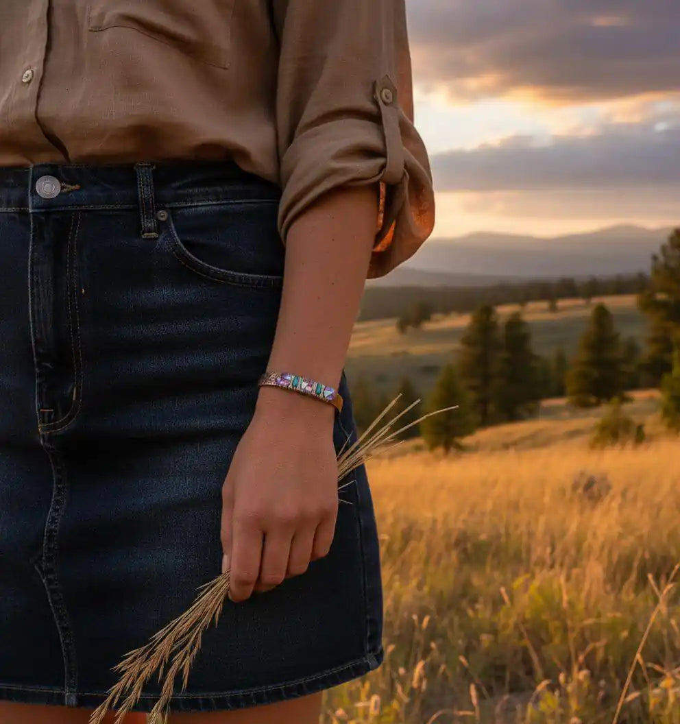 Handmade Copper Turquoise Crystal Spike Cuff worn in a sunset landscape, showcasing beautiful artisan jewelry.