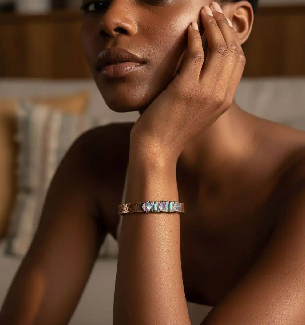 Handmade Copper Turquoise Crystal Spike Cuff worn by a model showcasing its edgy boho design.