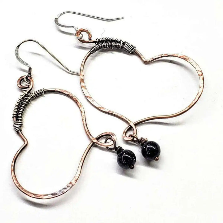 Sculpted Copper Butterfly Wing Abuse Survivor Earrings with black Swarovski crystal dangles and sterling silver ear wires.