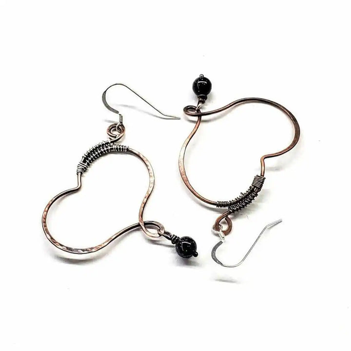 Sculpted Copper Butterfly Wing Abuse Survivor Earrings featuring black Swarovski crystals and sterling silver ear wires.