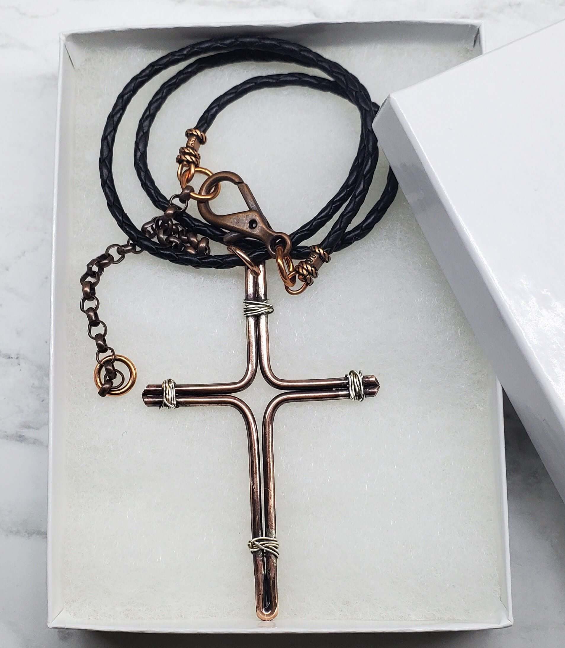 Handmade Large Copper and Silver Wire Cross Necklace for Men
