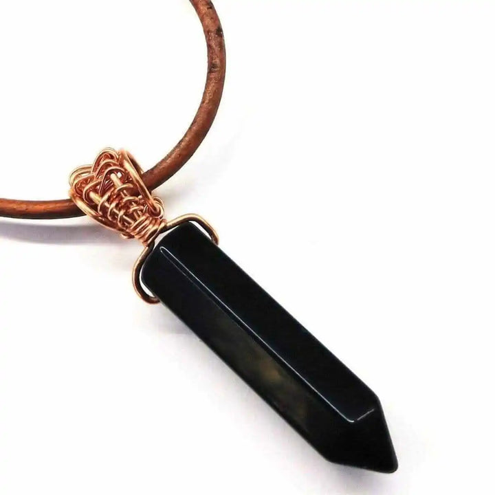 Handmade Rustic Wire Wrapped Gemstone Leather Necklace with pointed black gemstone crystal on rustic leather cord
