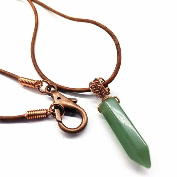 Handmade Rustic Wire Wrapped Gemstone Leather Necklace with green pointed crystal and copper clasp
