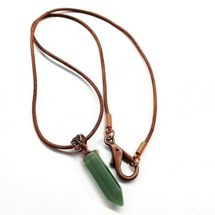 Handmade Rustic Wire Wrapped Gemstone Leather Necklace with green pointed crystal and rustic leather cord.