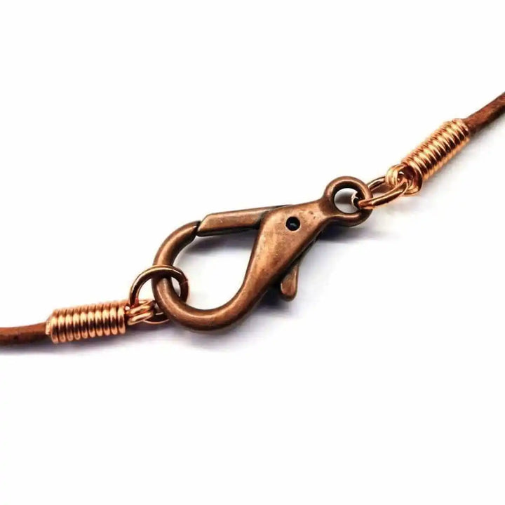 Handmade Rustic Wire Wrapped Gemstone Leather Necklace clasp detail with bronze hook and leather cord.