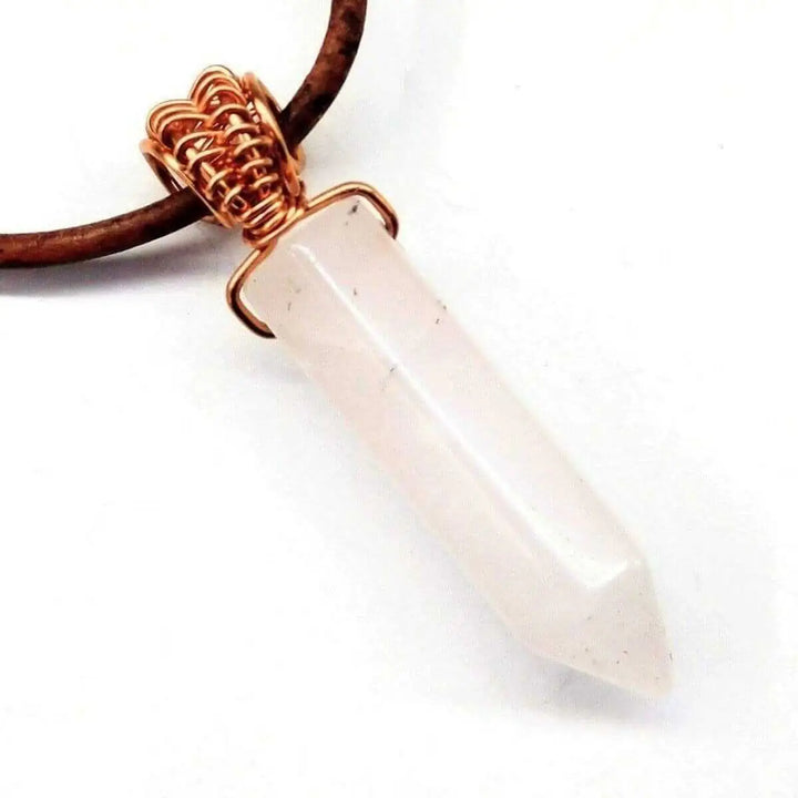 Handmade Rustic Wire Wrapped Gemstone Leather Necklace with pointed crystal pendant on leather cord.
