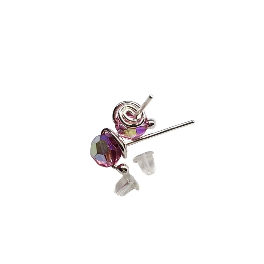 Handmade 6mm Silver Spiral Crystal Stud Earrings with colorful Swarovski crystal in silver spiral setting