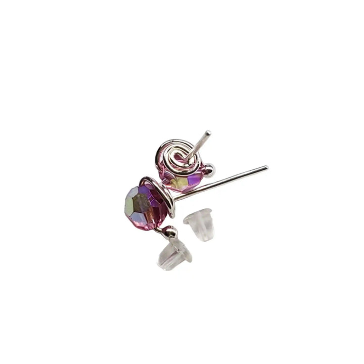 Handmade 6mm Silver Spiral Crystal Stud Earrings with colorful Swarovski crystal in silver spiral setting