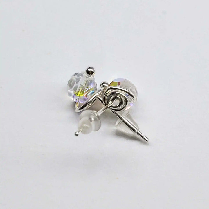 Handmade 6mm Silver Spiral Crystal Stud Earrings showcasing sparkling Swarovski crystals and sterling silver details.