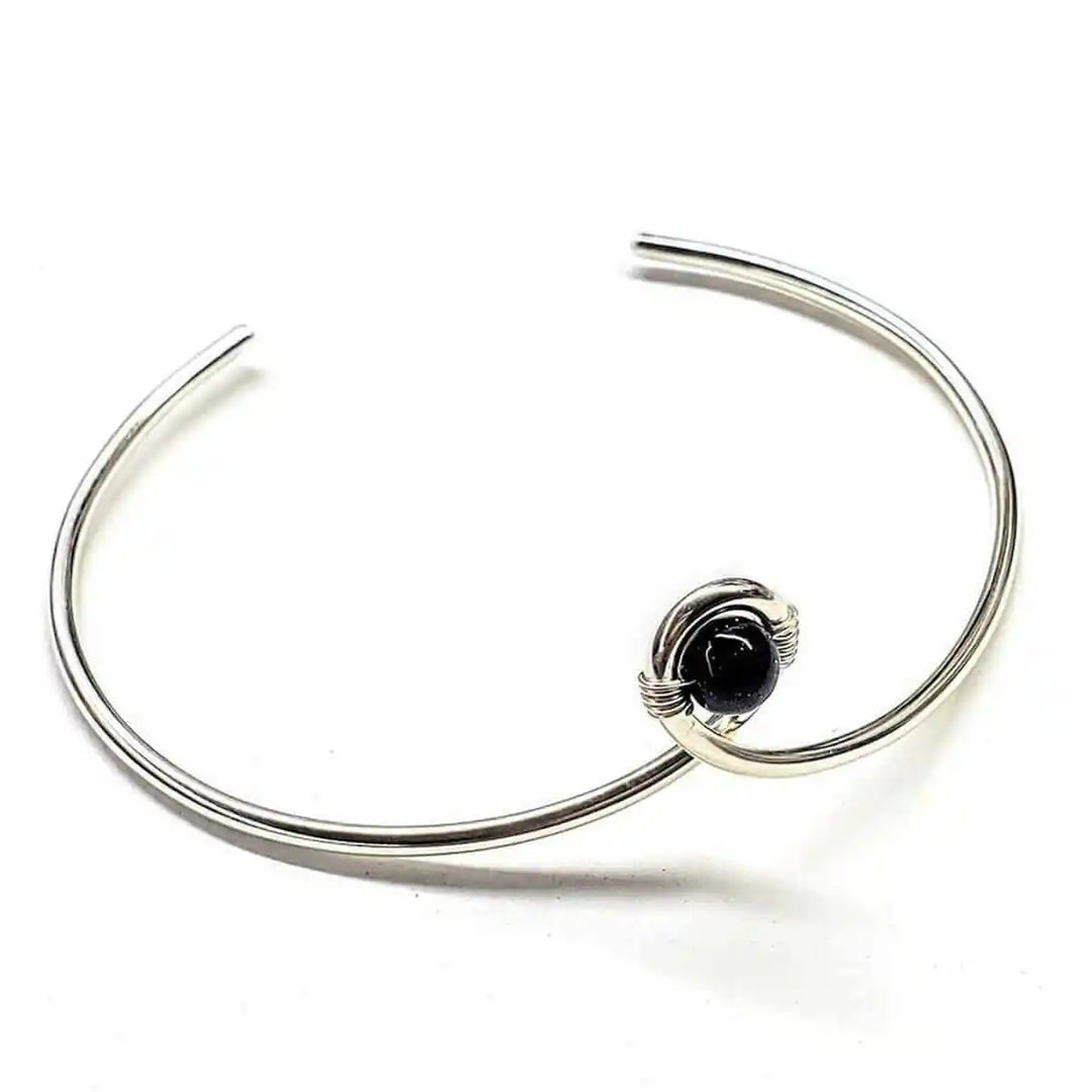 Silver Blue Bead Child Abuse Awareness Ribbon Bangle with black bead detail