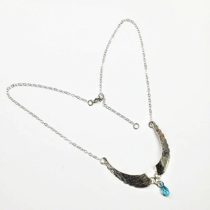 Handmade Silver Forged Sculpted Angel Wings Necklace with Swarovski crystal teardrop accent