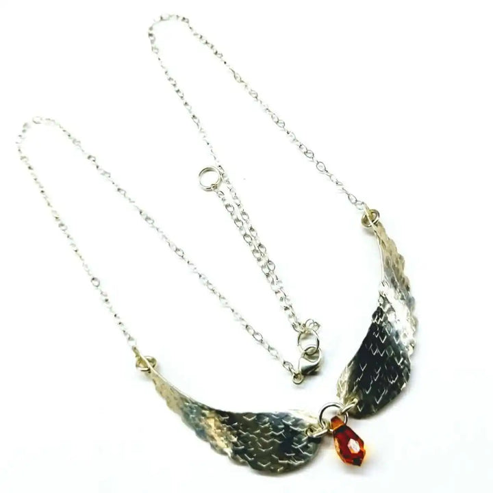 Handmade Silver Forged Sculpted Angel Wings Necklace with Swarovski crystal teardrop