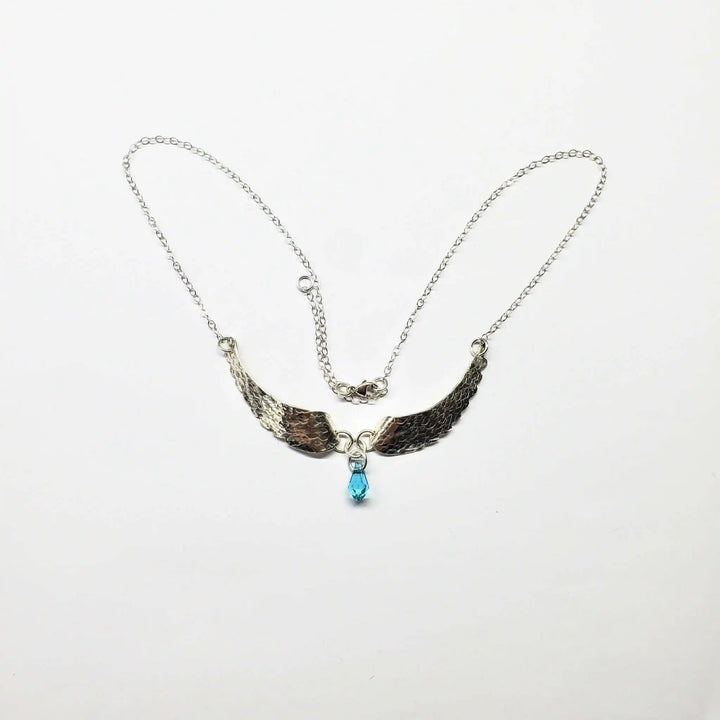 Handmade Silver Forged Sculpted Angel Wings Necklace with Swarovski crystal teardrop.