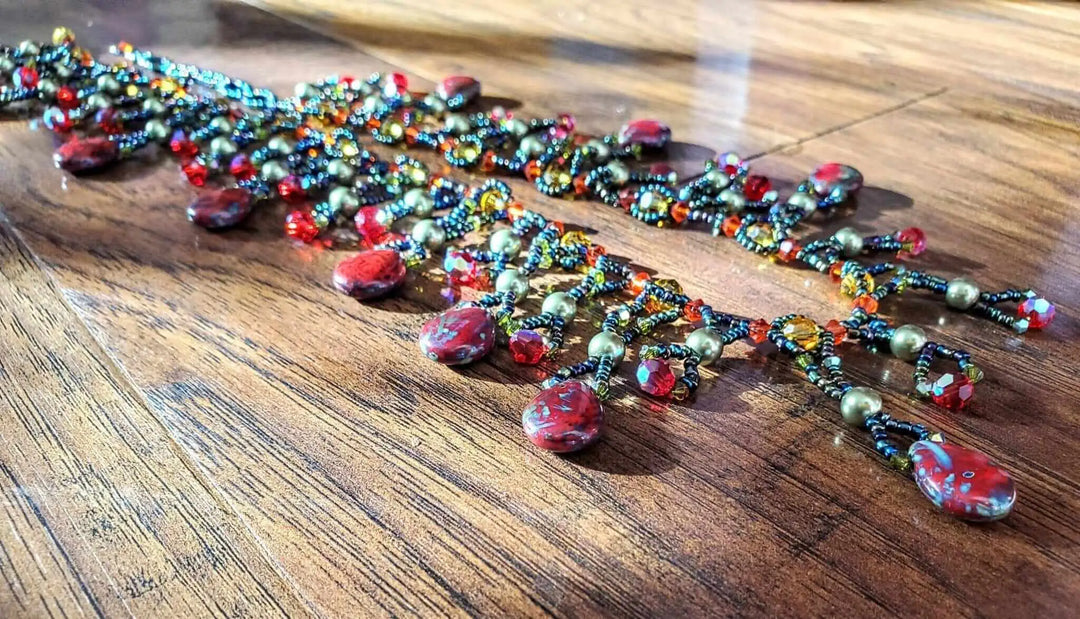 AMDV001Handmade waterfall statement necklace. Red Green beaded glamNecklacesNecklace$ 179.00Alexa Martha Designs