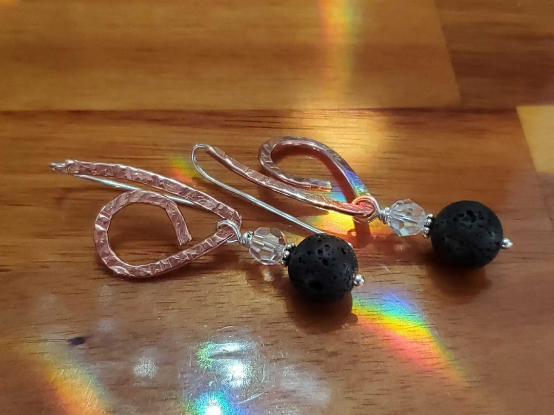 Embossed Copper Butterfly Wing Lava Rock Bead Earrings featuring unique design with lava beads and Swarovski crystals.