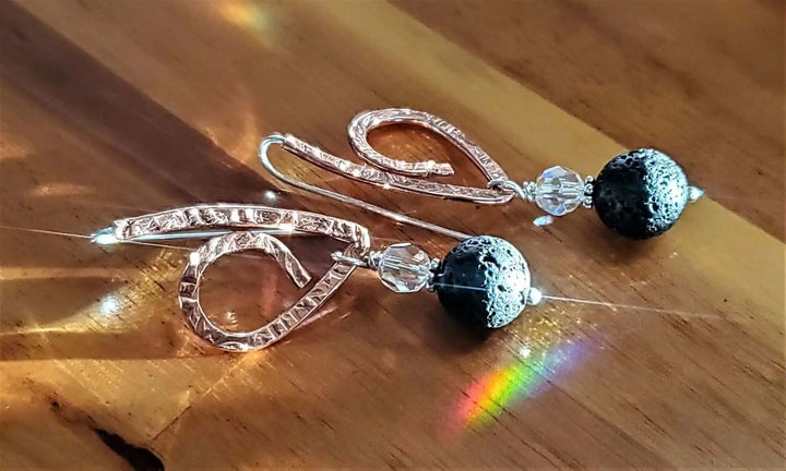 Embossed Copper Butterfly Wing Lava Rock Bead Earrings showcasing unique copper design and volcanic lava beads.