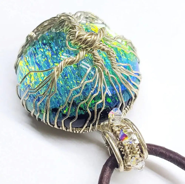 Handmade Tree of Life Dichroic Pendant Necklace with colorful dichroic glass and wire wrapping.