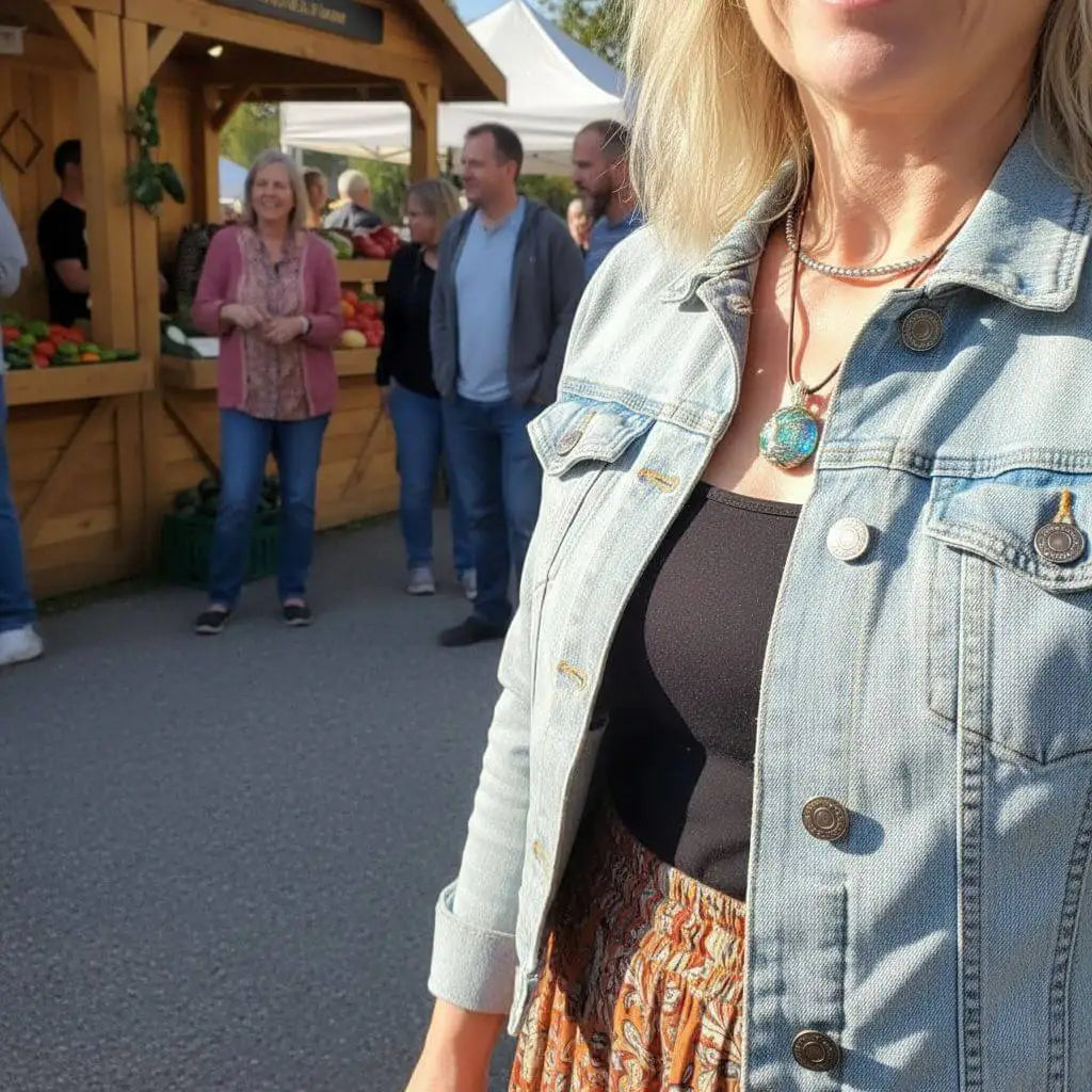 Close-up of a woman wearing a handmade tree of life dichroic pendant necklace at a market.