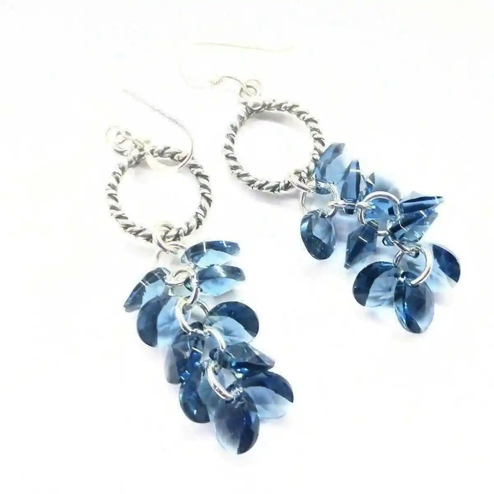 925 Silver Denim Blue Cascading Crystal Cluster Earrings with sparkling blue crystal clusters.