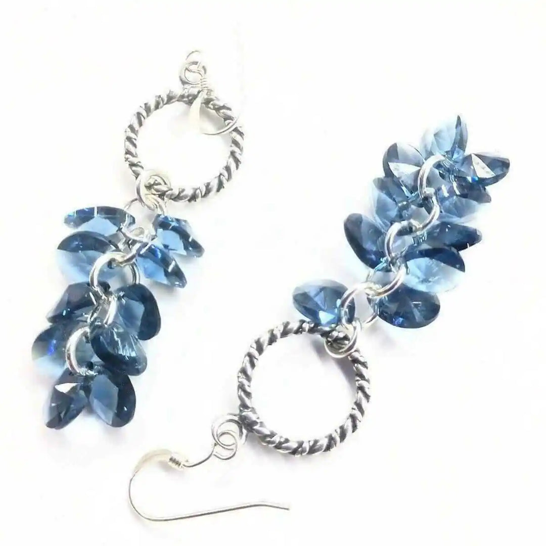 925 Silver Denim Blue Cascading Crystal Cluster Earrings with shimmering blue crystals on silver hooks.