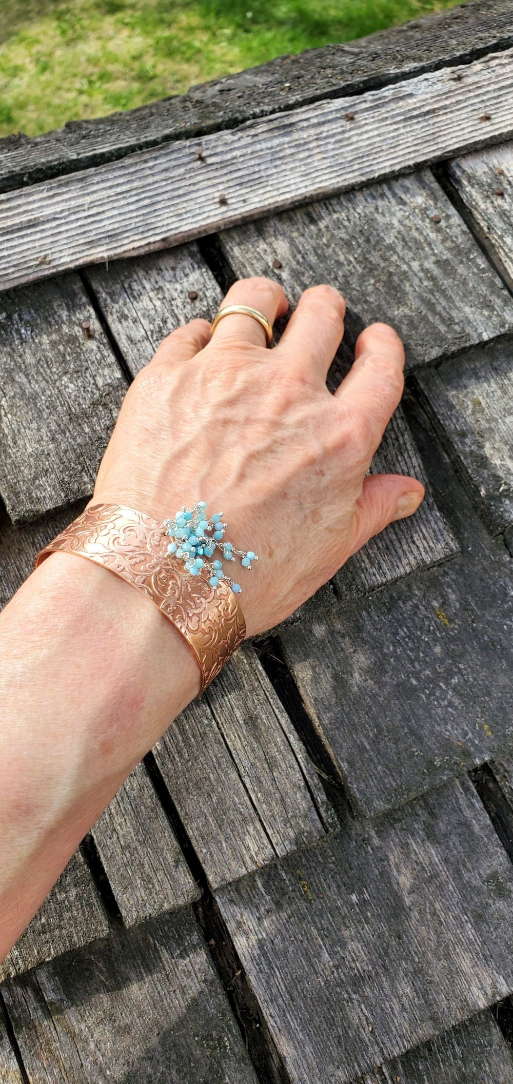 AMD1303Handmade Turquoise Dangle Hammered Copper Cuff StatementJewelryBracelet$ 74.00Alexa Martha Designs