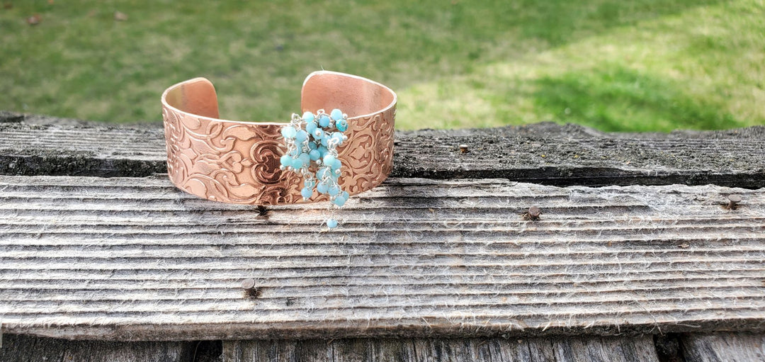 AMD1303Handmade Turquoise Dangle Hammered Copper Cuff StatementJewelryBracelet$ 74.00Alexa Martha Designs