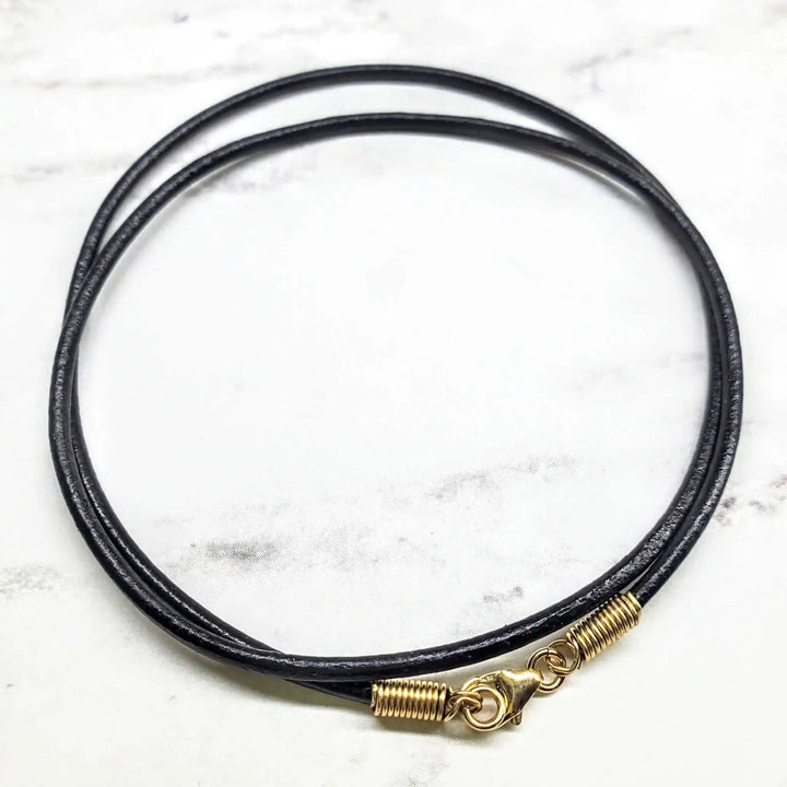 Handmade Various Lengths Smooth Black Leather Necklaces with gold clasp and smooth finish.