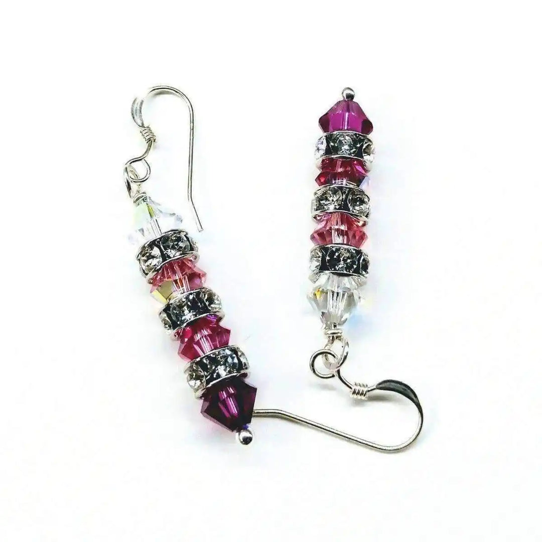 Hot Pink Ombre Stacked Crystal Sterling Silver Earrings showcasing a sparkling gradient of Swarovski crystals.