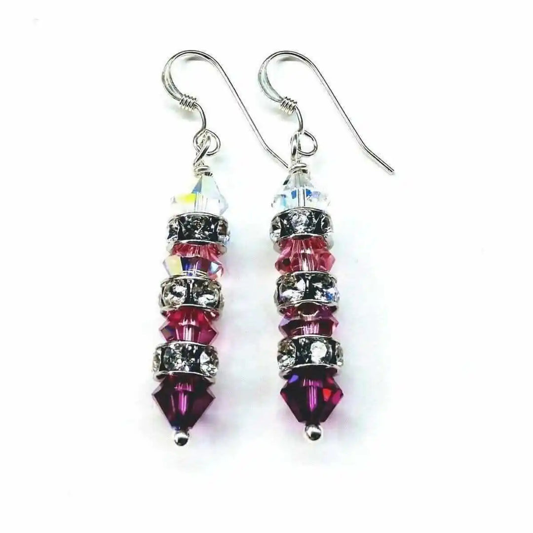 Hot Pink Ombre Stacked Crystal Sterling Silver Earrings showcasing sparkling Swarovski crystals in a gradient design.