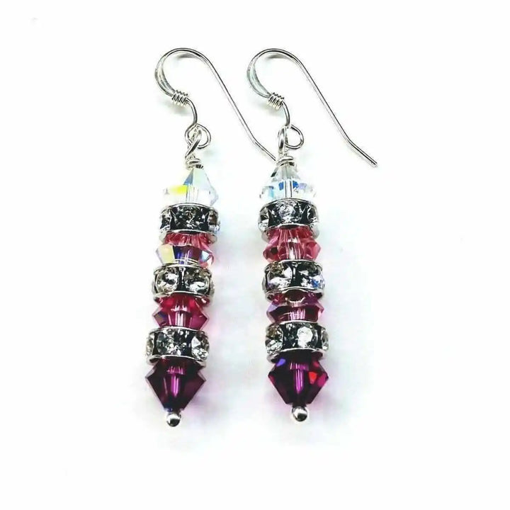 Hot Pink Ombre Stacked Crystal Sterling Silver Earrings showcasing sparkling Swarovski crystals in a gradient design.