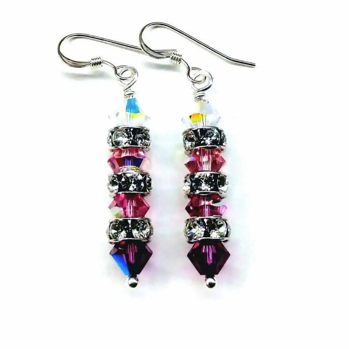 Hot Pink Ombre Stacked Crystal Sterling Silver Earrings showcasing a beautiful gradient of Swarovski crystals.