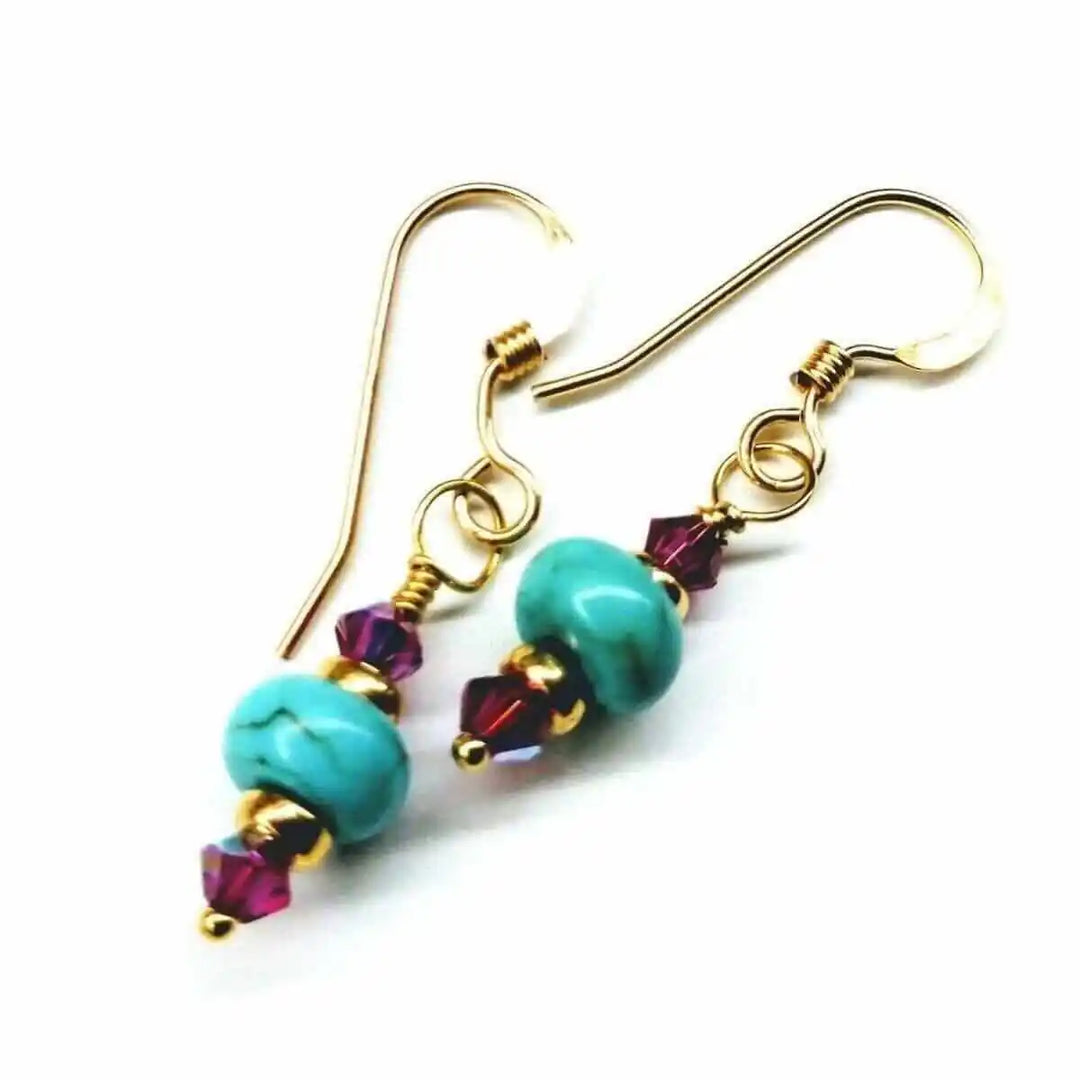 Hot Pink and Turquoise Gemstone14 K Gold Filled Earrings featuring turquoise and pink Swarovski crystals.