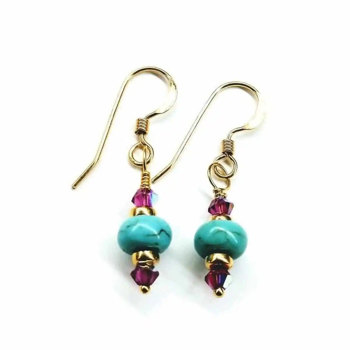 Hot Pink and Turquoise Gemstone14 K Gold Filled Earrings featuring turquoise roundels and pink Swarovski crystals