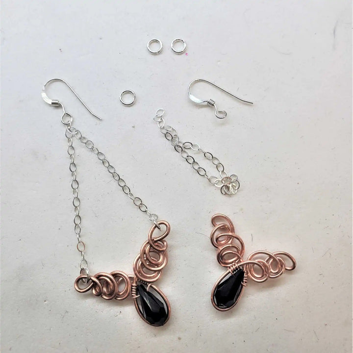 Class 1 Wire Sculpting Earrings Necklace Materials Kit with copper wire, black crystals, and various findings.