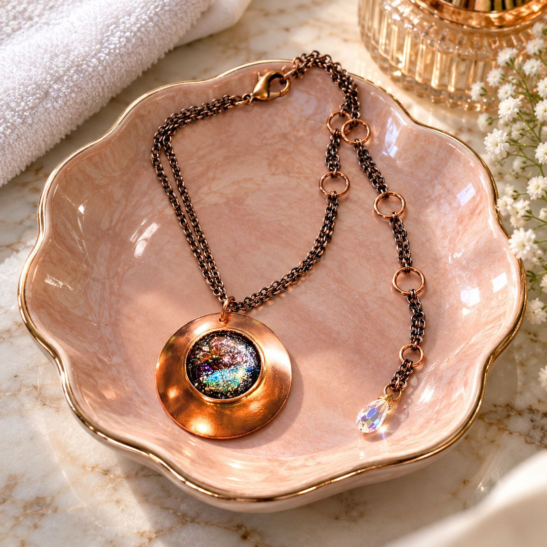 Copper Flower Galaxy Dichroic Glass Spinner Necklace