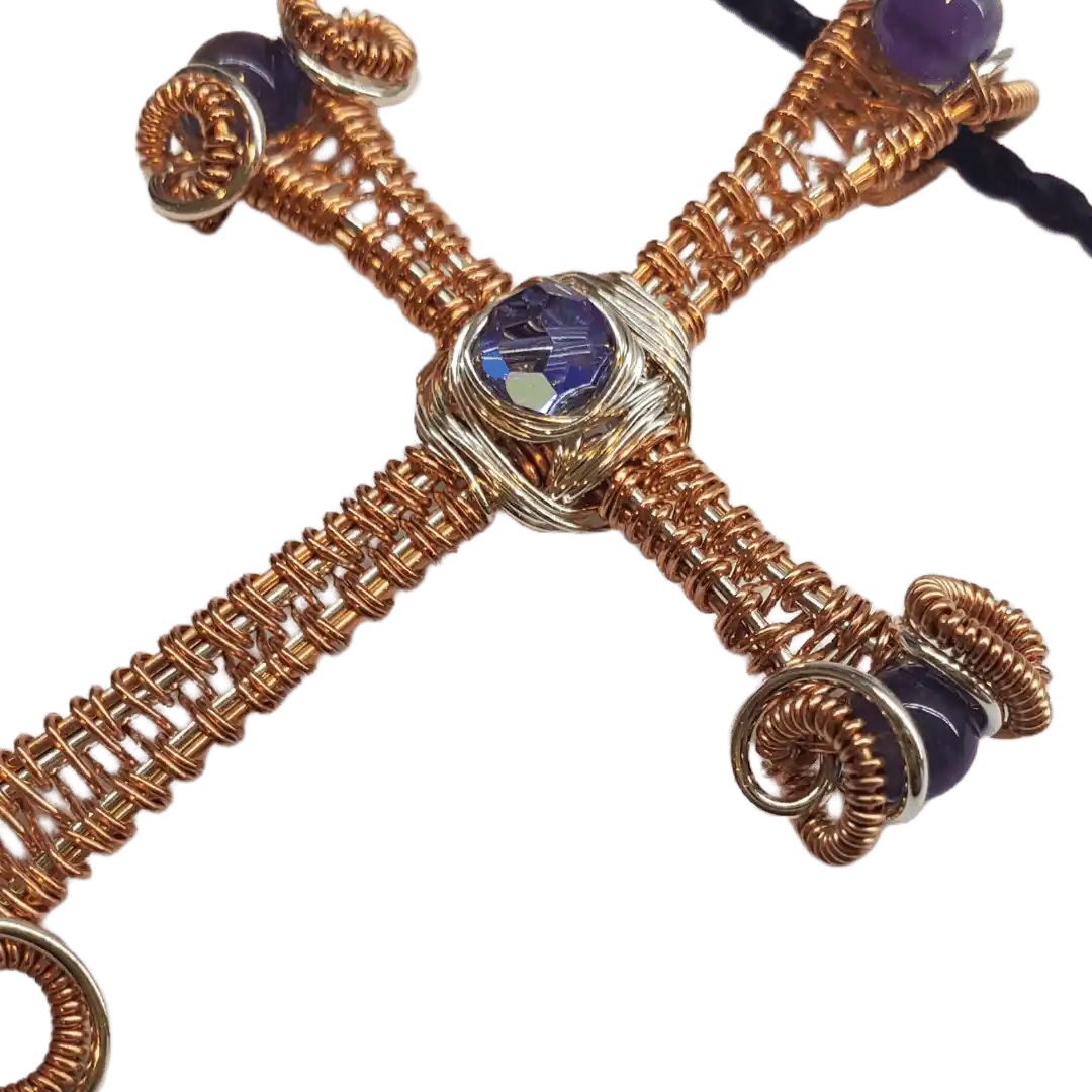Large Wire Woven Copper Silver Amethyst Cross Necklace showcasing intricate wirework and amethyst accents.