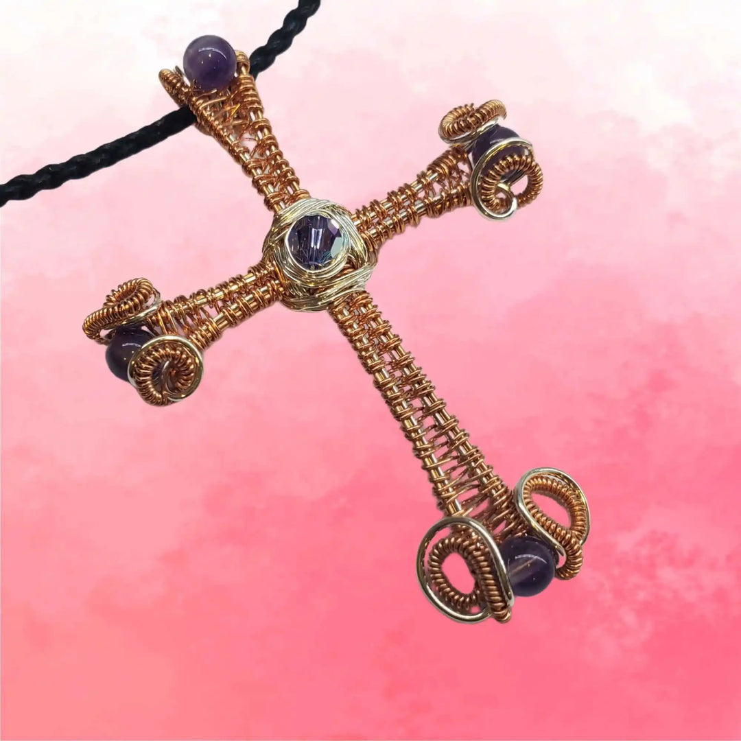 Large Wire Woven Copper Silver Amethyst Cross Necklace featuring intricate wirework and amethyst accents.