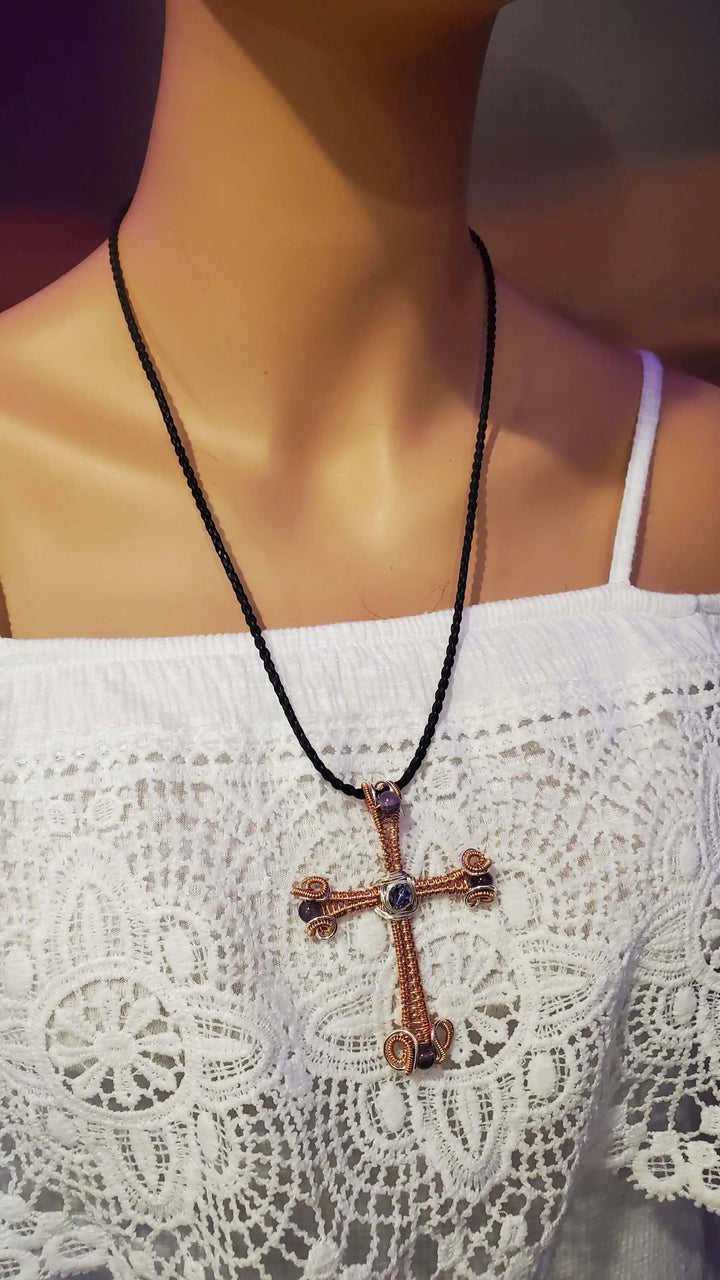 Large Wire Woven Copper Silver Amethyst Cross Necklace displayed on a mannequin with lace top.