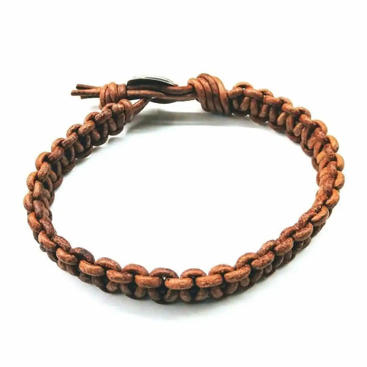 Large Mens Tree of Life Earth Color Macrame Leather Bracelet on display with intricate brown macrame detailing.