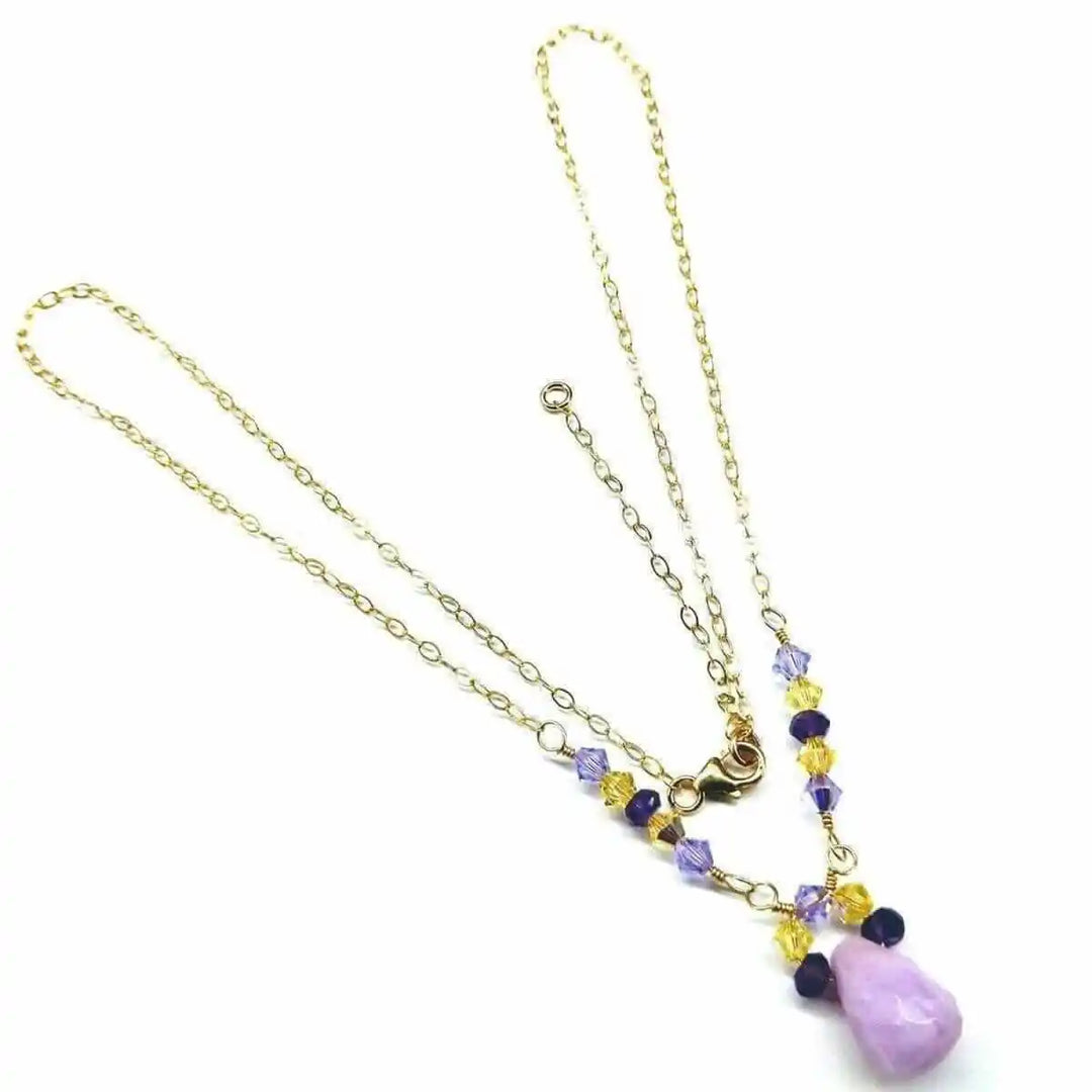 Lavender Candy Jade Drop Gold Wire Wrapped Necklace featuring lavender-pink candy jade teardrop and Swarovski crystals.